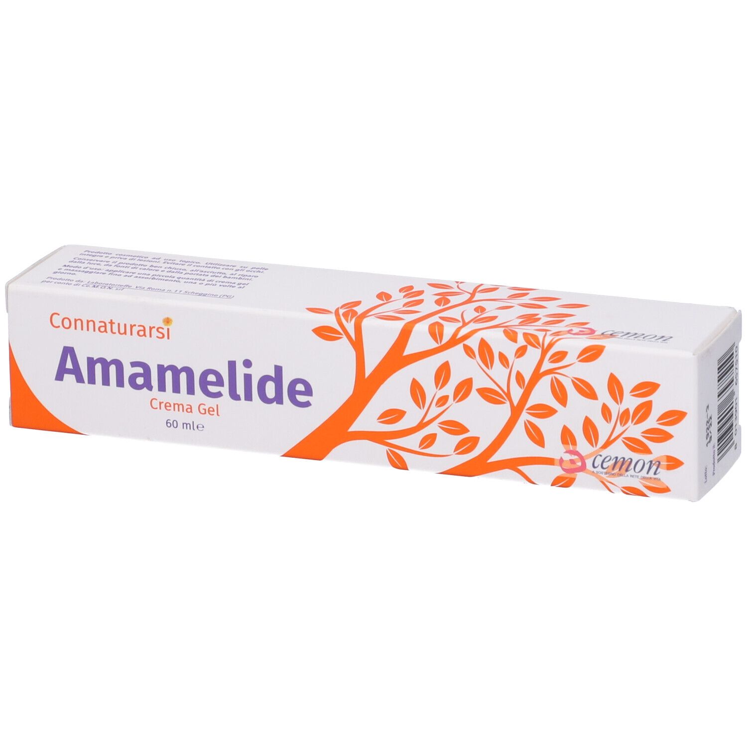 Scatola bianca con disegno ad albero arancione. Scritta: Amamelide, Cemon. Testo Connaturarsi. Crema Gel. 60 ml.