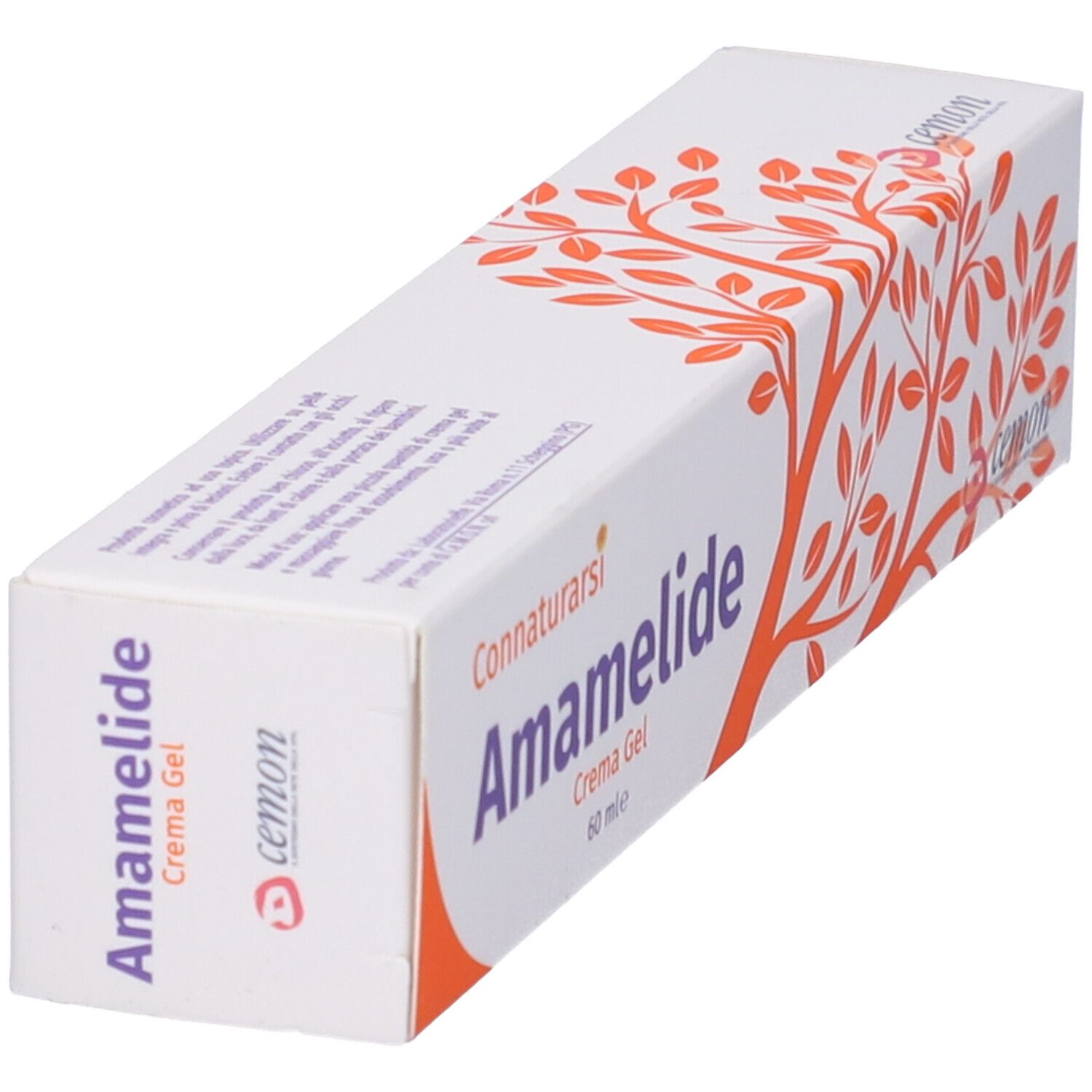 Scatola bianca con disegno ad albero arancione. Scritta: Amamelide, Cemon. Testo Connaturarsi. Crema Gel. 60 ml.