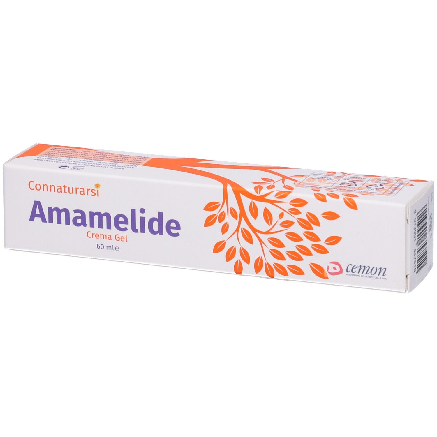 Scatola bianca con disegno ad albero arancione. Scritta: Amamelide, Cemon. Testo Connaturarsi. Crema Gel. 60 ml.