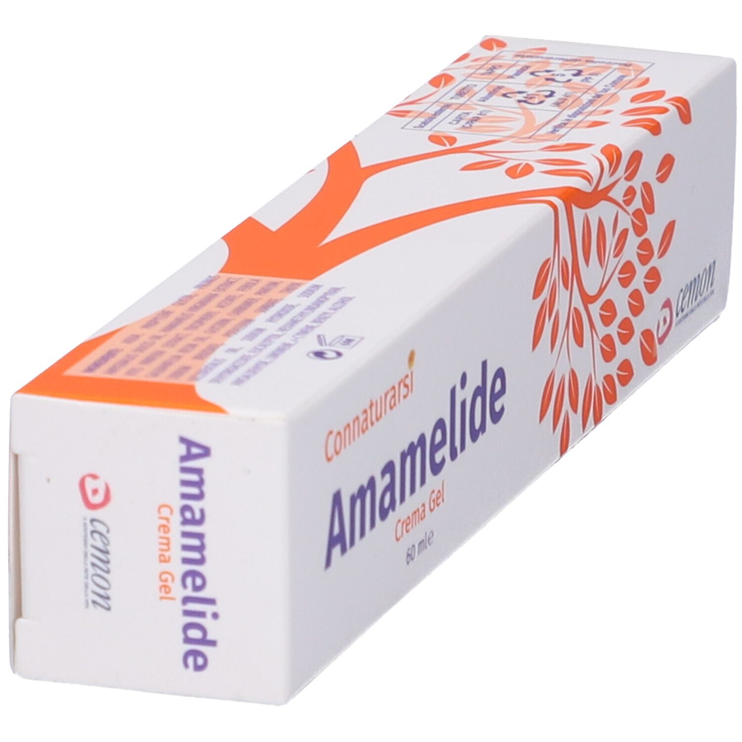 Scatola bianca con disegno ad albero arancione. Scritta: Amamelide, Cemon. Testo Connaturarsi. Crema Gel. 60 ml.