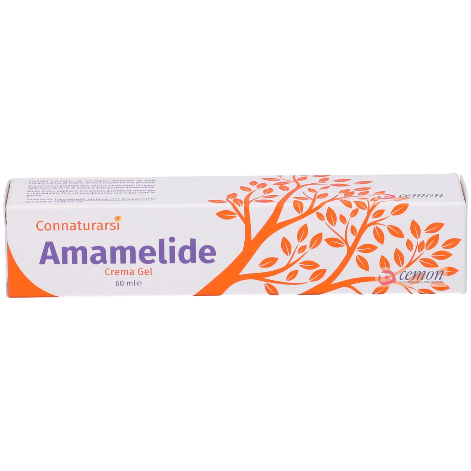 Scatola bianca con disegno ad albero arancione. Scritta: Amamelide, Cemon. Testo Connaturarsi. Crema Gel. 60 ml.