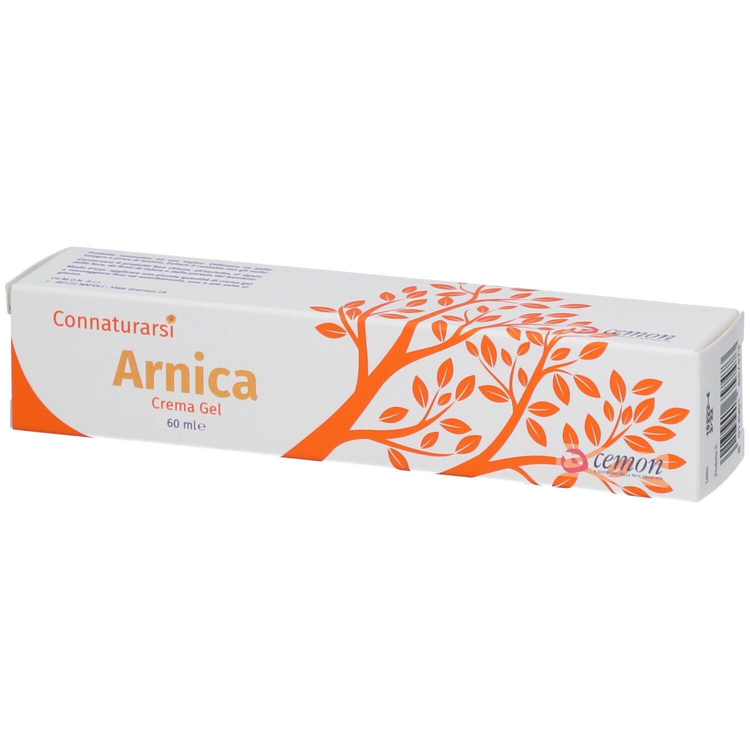 Scatola di crema-gel. Scritta: Arnica, Cemon. Design arancione ad albero.