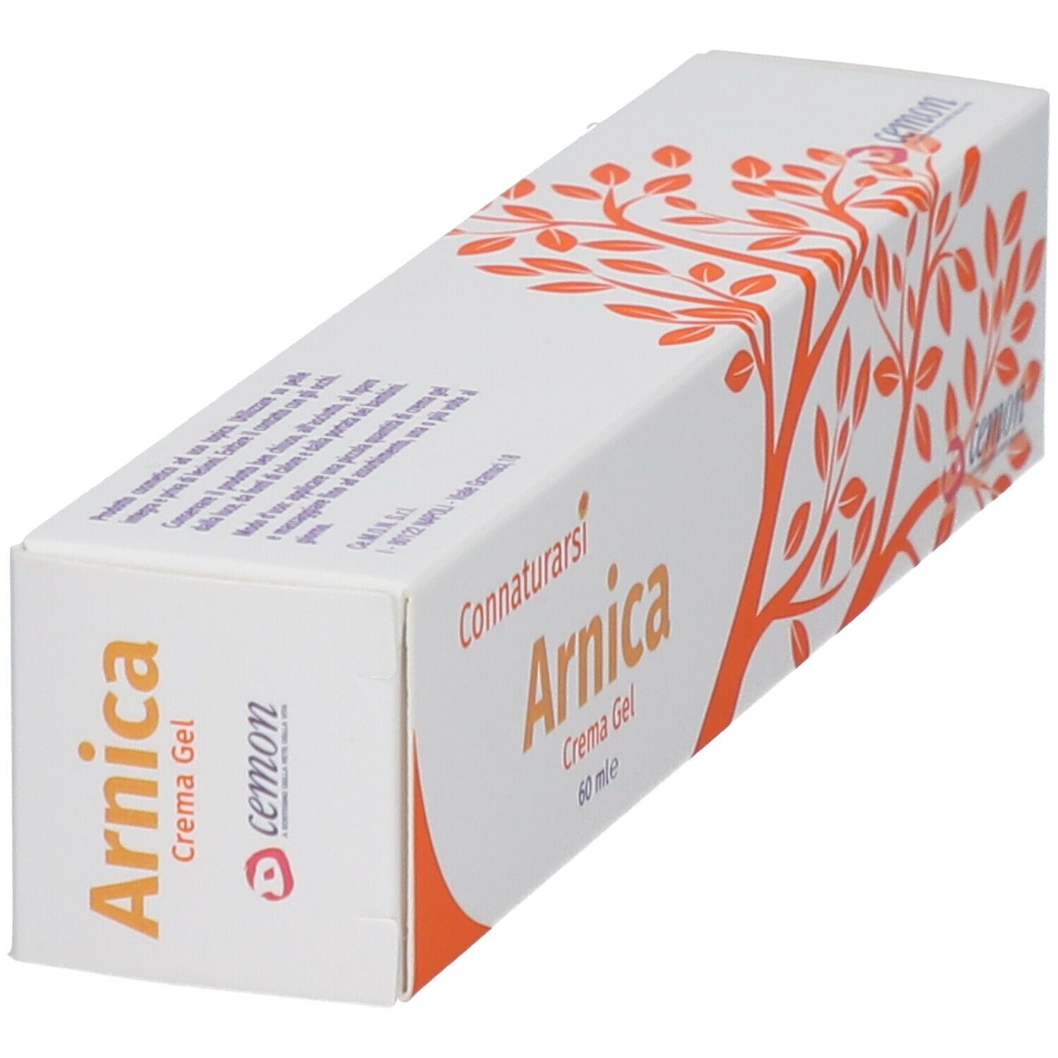 Scatola di crema-gel. Scritta: Arnica, Cemon. Design arancione ad albero.