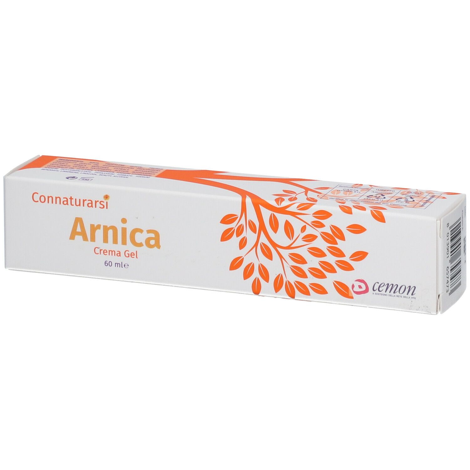 Scatola di crema-gel. Scritta: Arnica, Cemon. Design arancione ad albero.