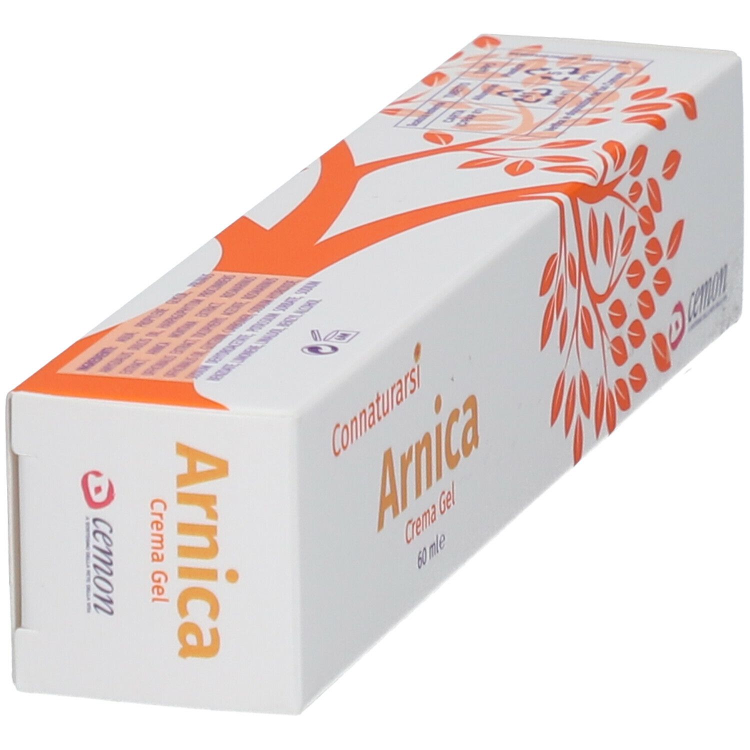 Scatola di crema-gel. Scritta: Arnica, Cemon. Design arancione ad albero.
