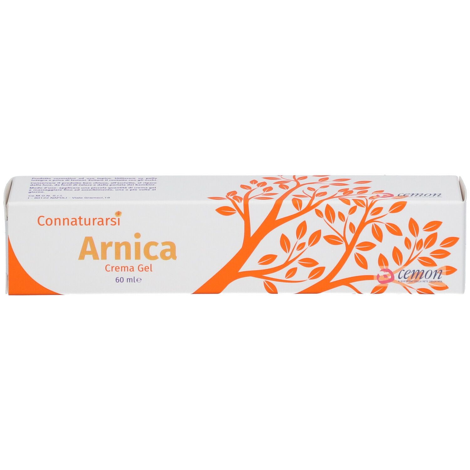 Scatola di crema-gel. Scritta: Arnica, Cemon. Design arancione ad albero.