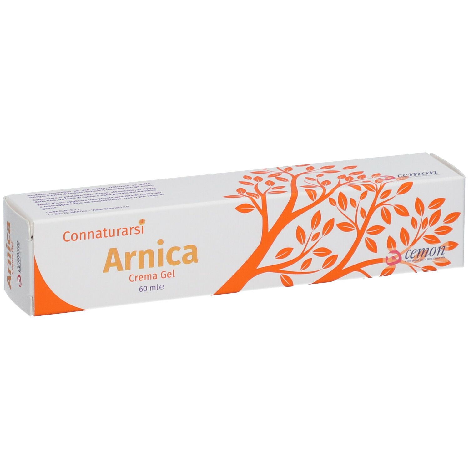 Scatola di crema-gel. Scritta: Arnica, Cemon. Design arancione ad albero.
