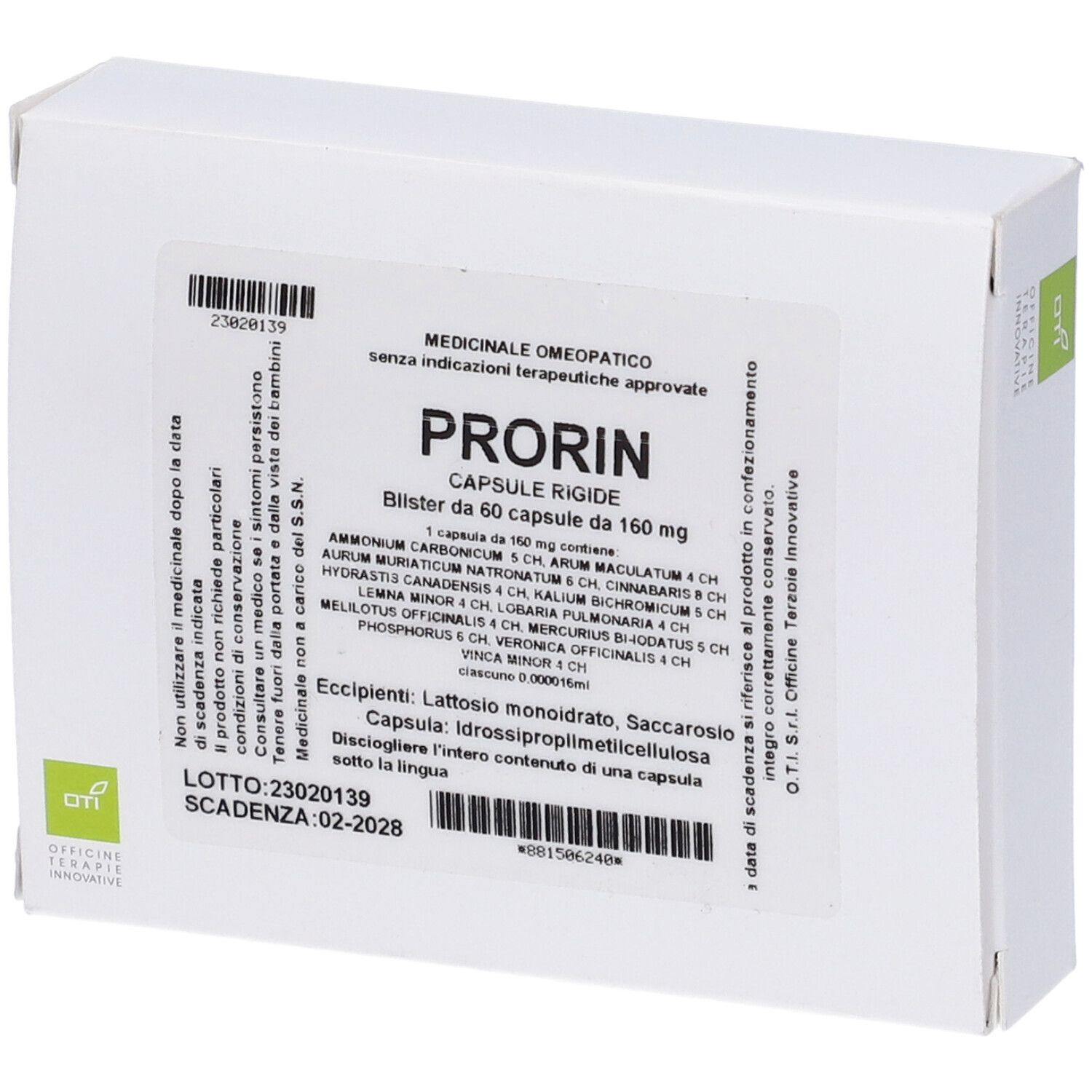 Scatola bianca con informazioni sul prodotto. Scritto: Prorin, 60 capsule. Contiene ingredienti e informazioni sul produttore.