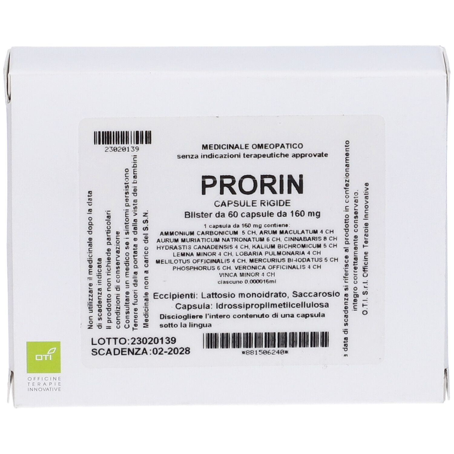 Scatola bianca con informazioni sul prodotto. Scritto: Prorin, 60 capsule. Contiene ingredienti e informazioni sul produttore.