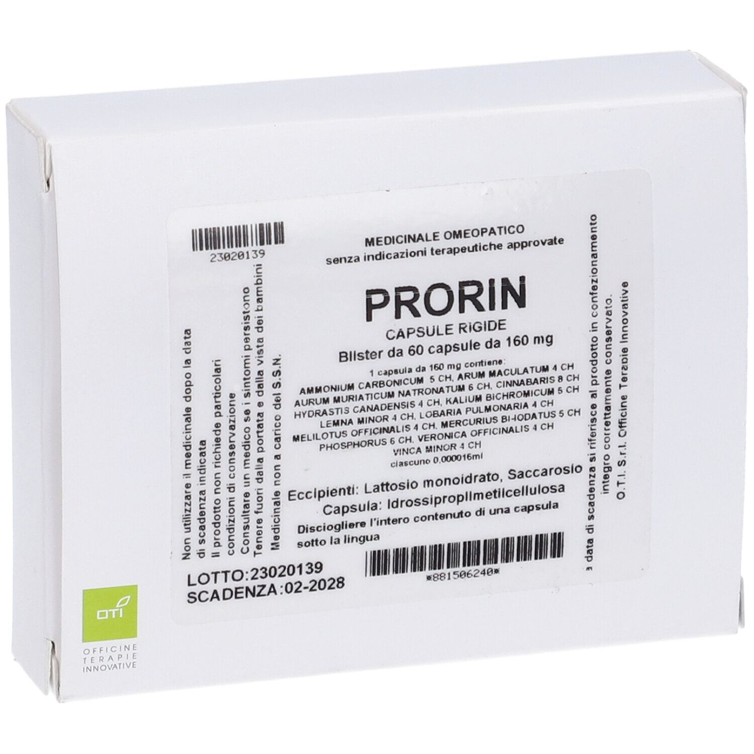 Scatola bianca con informazioni sul prodotto. Scritto: Prorin, 60 capsule. Contiene ingredienti e informazioni sul produttore.