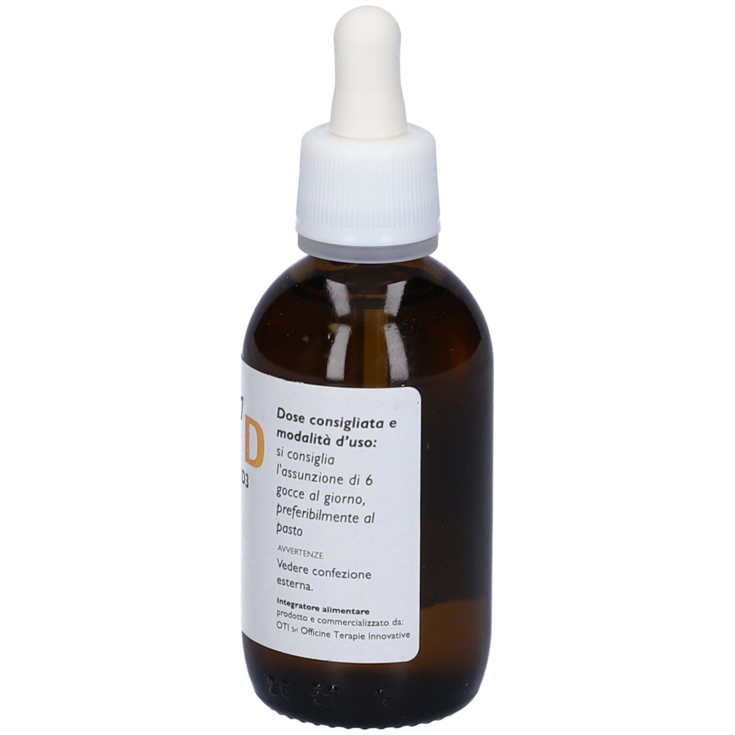 Flacone di vetro marrone con tappo bianco e contagocce. Etichetta con istruzioni per l'uso. OTI D Vitamina D3.