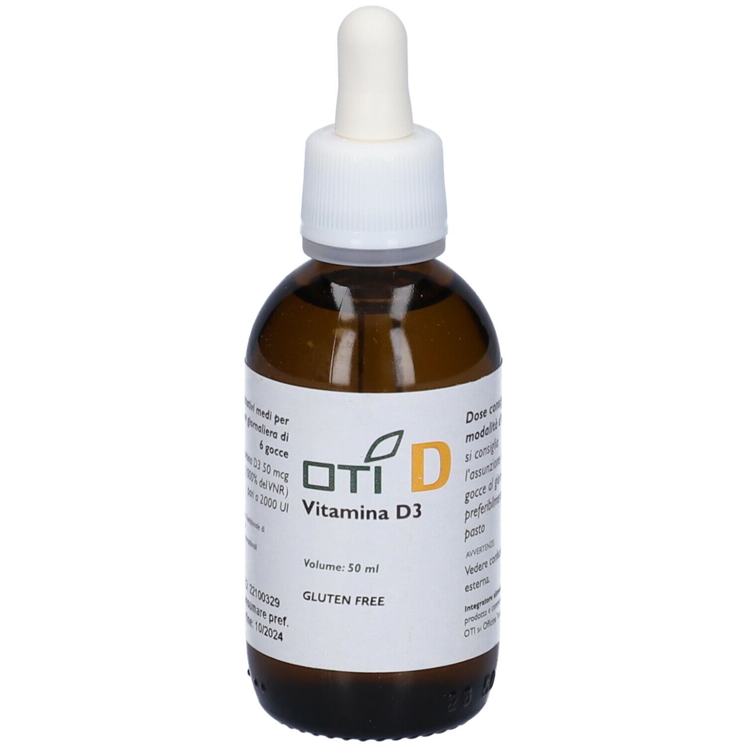 Flacone di vetro marrone con tappo bianco e contagocce. Etichetta con nome del prodotto e ingredienti. OTI D Vitamina D3.