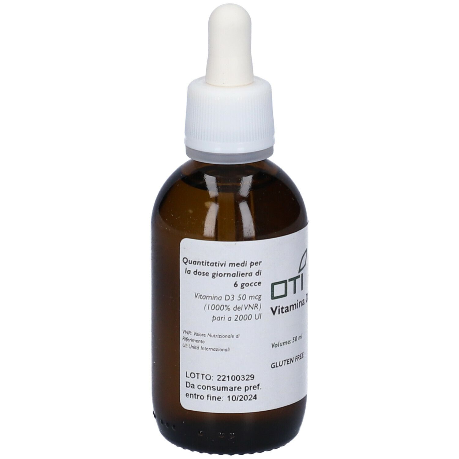 Flacone di vetro marrone con tappo bianco e contagocce. Etichetta con informazioni sul prodotto. OTI D Vitamina D3.