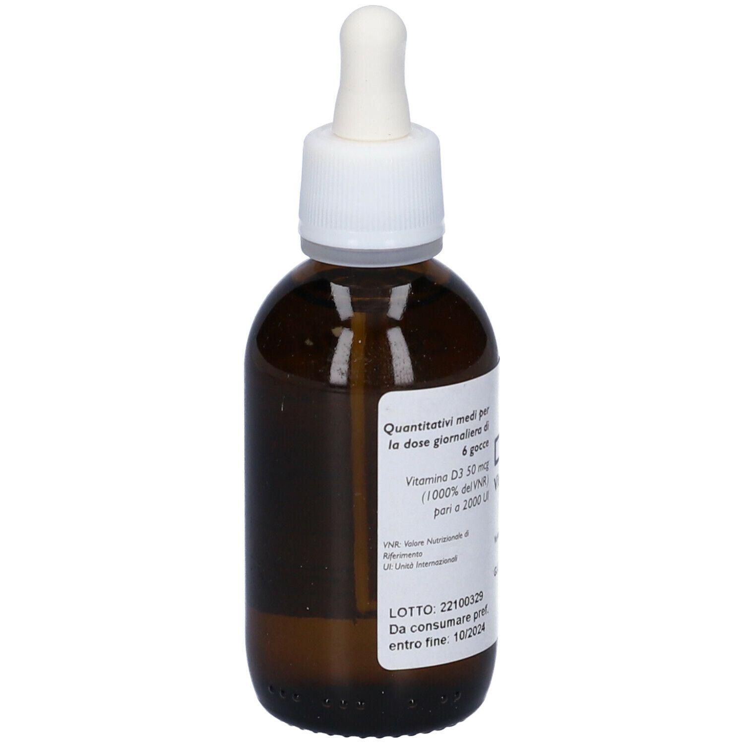 Flacone di vetro marrone con tappo bianco e contagocce. Etichetta con informazioni sul prodotto. OTI D Vitamina D3.