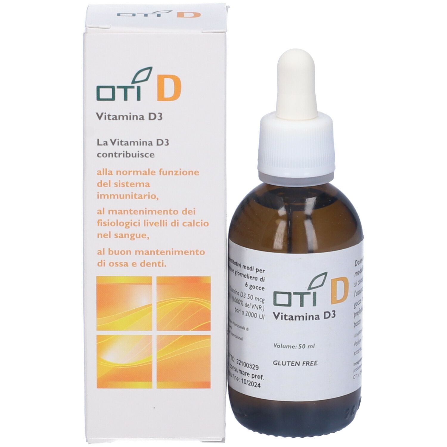 Flacone e confezione OTI D Vitamina D3. Flacone con contagocce. Confezione con informazioni sul prodotto.