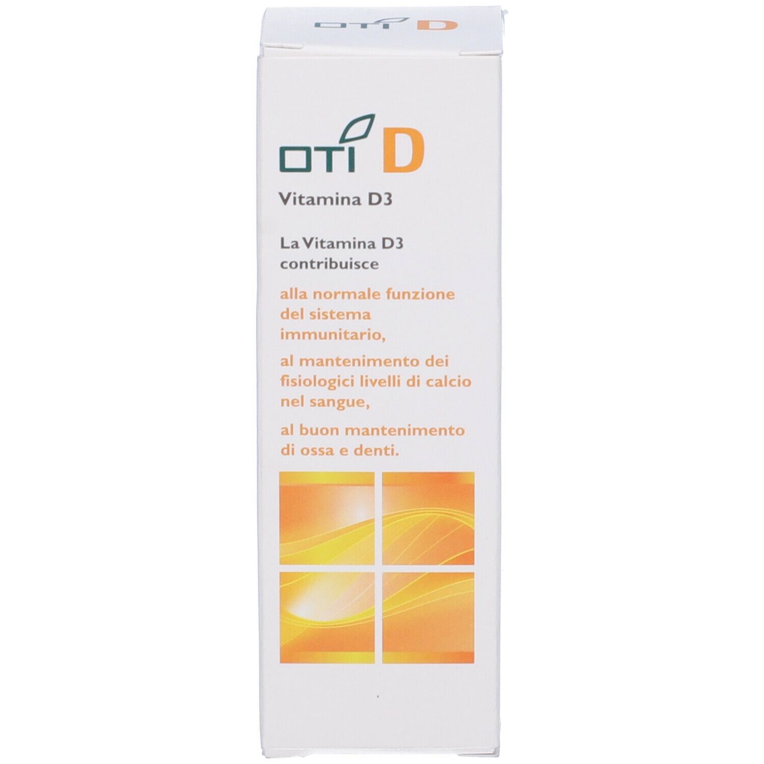 Confezione bianca con informazioni sul prodotto. OTI D Vitamina D3. Testo e logo sulla confezione.