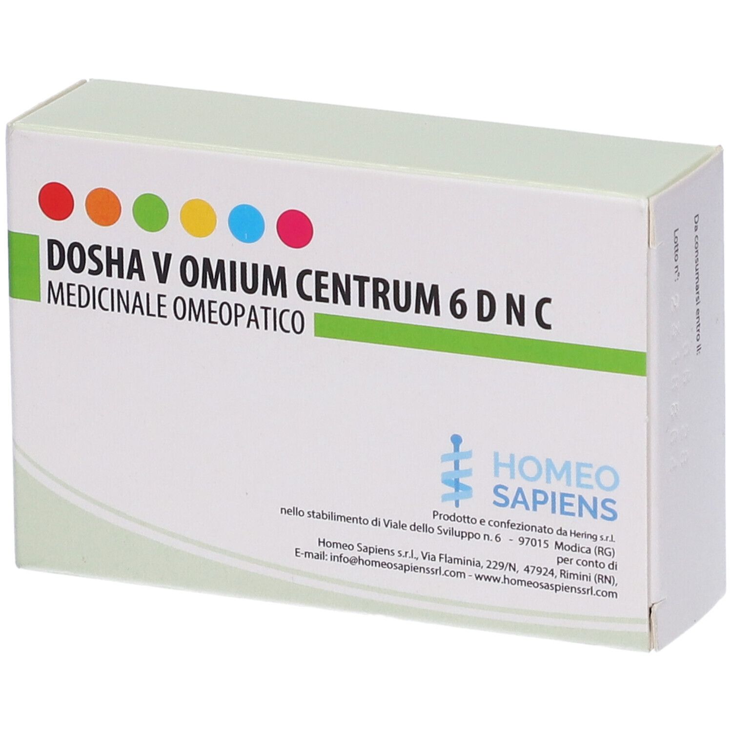 Scatola Dosha V Omium Centrum 6 DNC. Confezione bianca e verde con punti colorati e testo. Marchio: Homeo Sapiens.