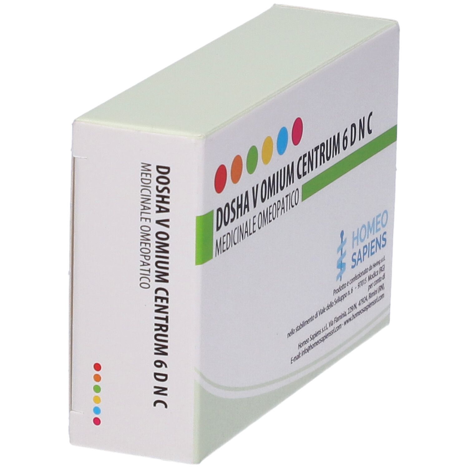 Scatola Dosha V Omium Centrum 6 DNC. Confezione bianca e verde con punti colorati e testo. Marchio: Homeo Sapiens.