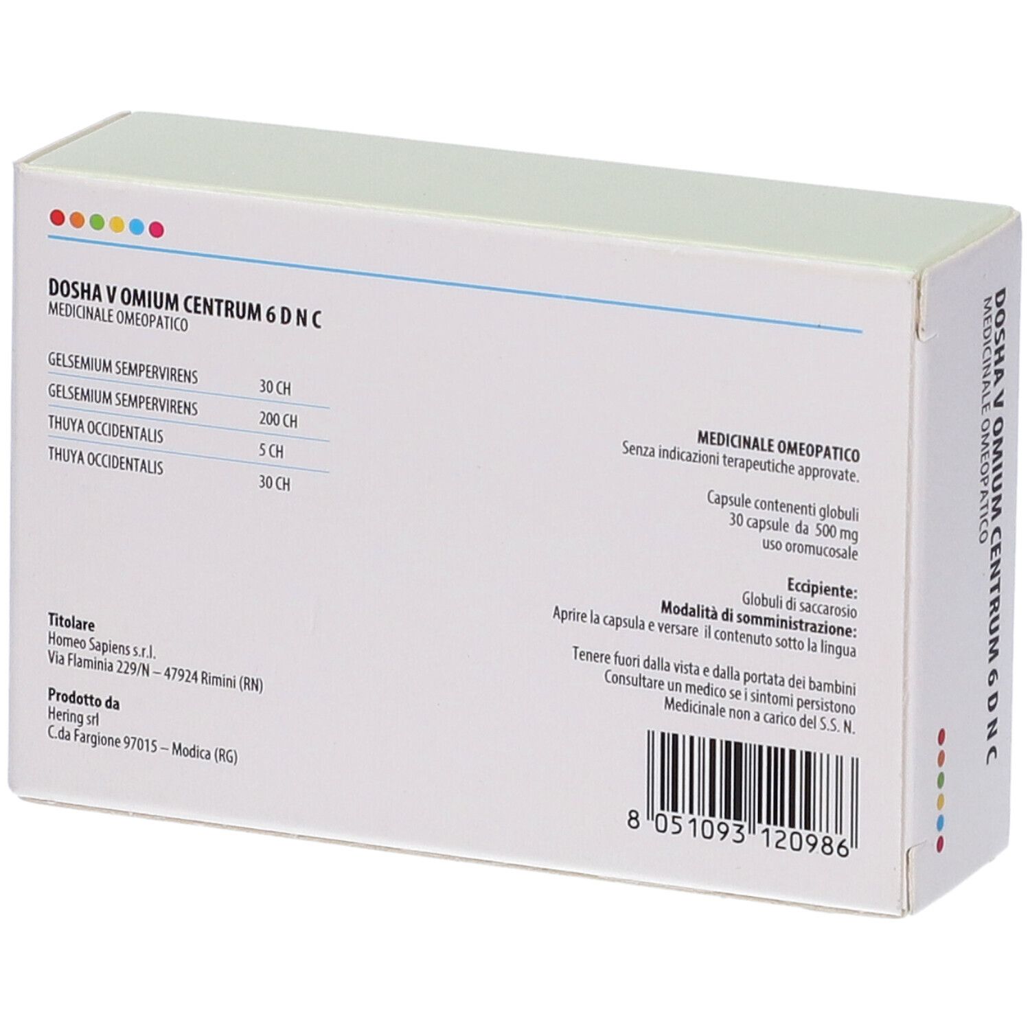Retro della confezione Dosha V Omium Centrum 6 DNC. Contiene testo e ingredienti. Marchio: Homeo Sapiens.