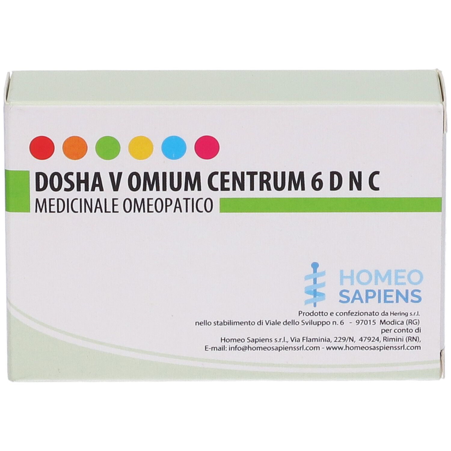 Scatola Dosha V Omium Centrum 6 DNC. Confezione bianca e verde con punti colorati e testo. Marchio: Homeo Sapiens.