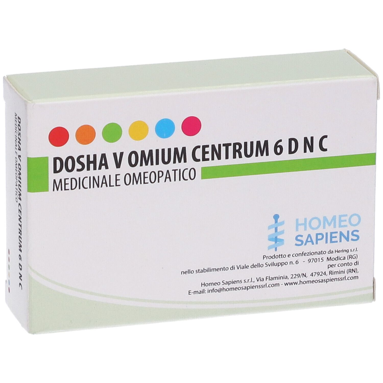 Scatola Dosha V Omium Centrum 6 DNC. Confezione bianca e verde con punti colorati e testo. Marchio: Homeo Sapiens.