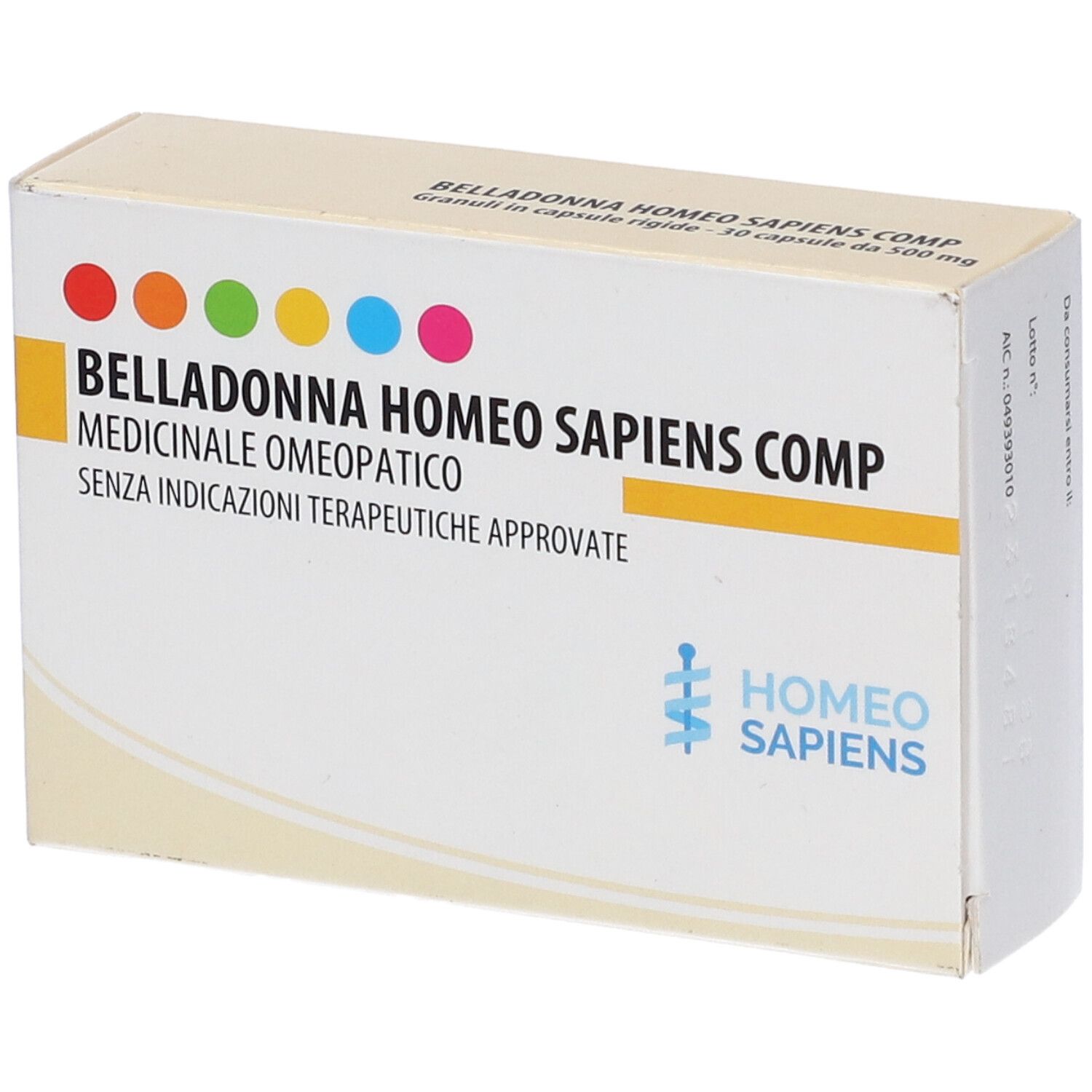 Scatola BELLADONNA HOMEO SAPIENS COMP. Punti colorati. Logo Homeo Sapiens. Scritta in italiano.