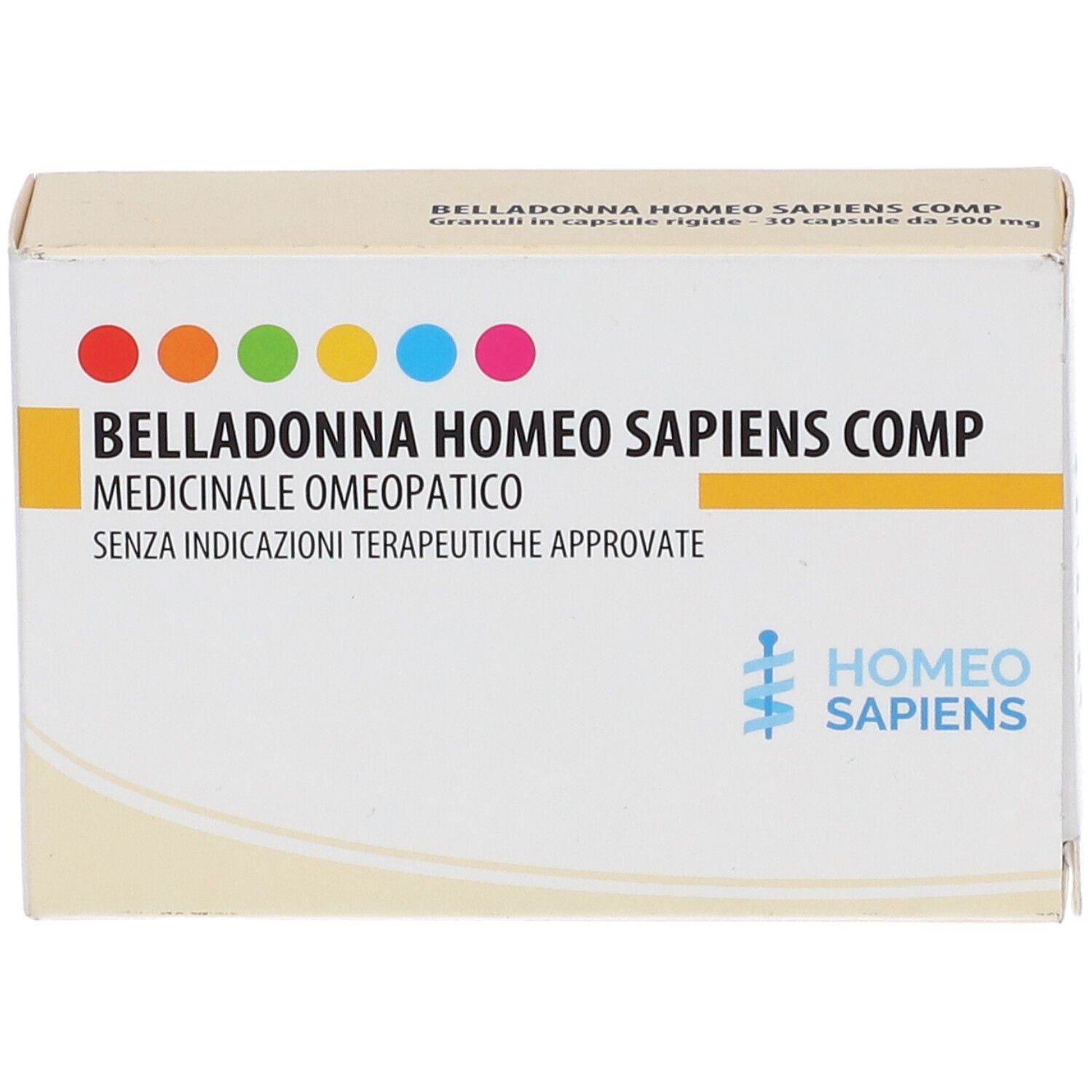 Scatola BELLADONNA HOMEO SAPIENS COMP. Punti colorati. Logo Homeo Sapiens. Testo in italiano.