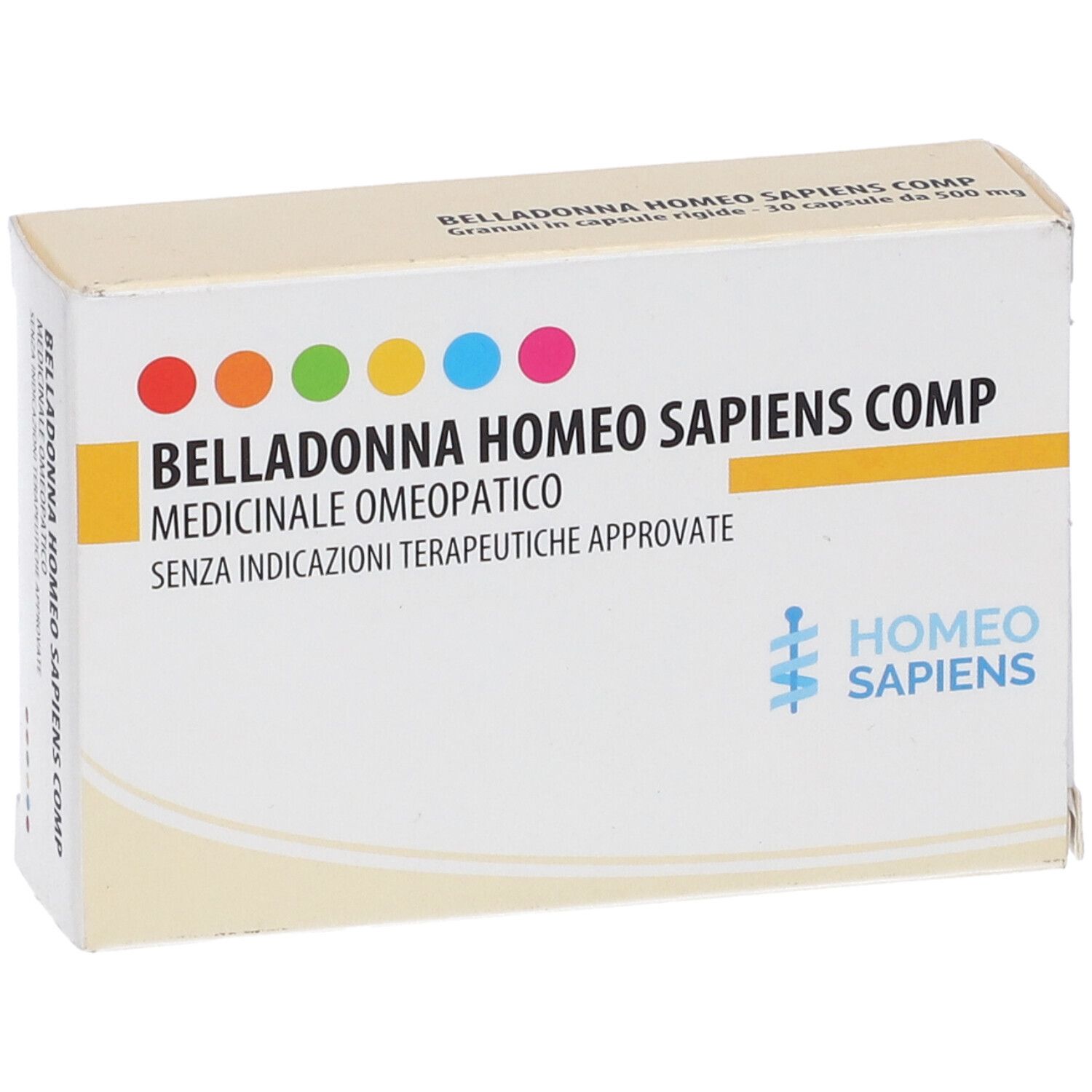 Scatola BELLADONNA HOMEO SAPIENS COMP. Punti colorati. Logo Homeo Sapiens. Testo in italiano.