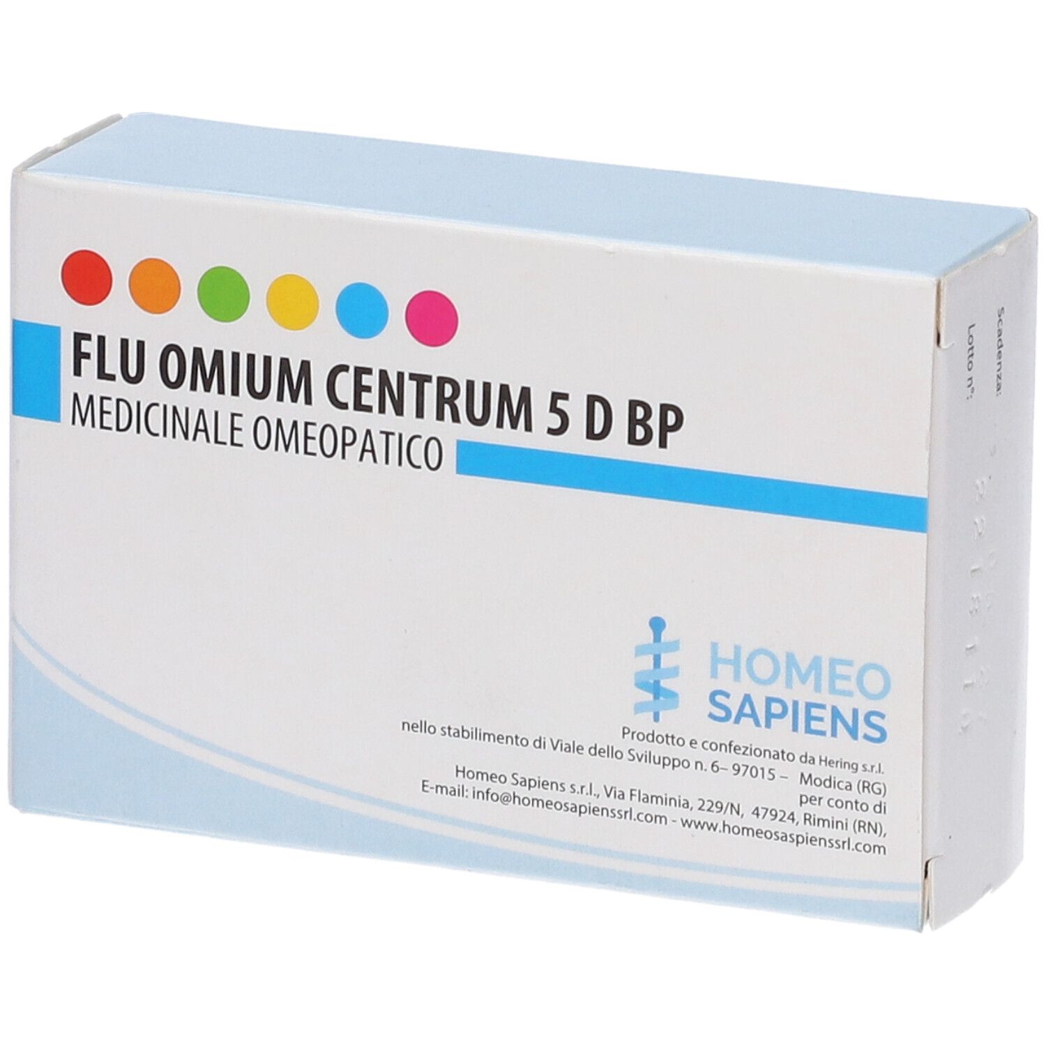 Scatola FLU OMIUM CENTRUM 5 D BP. Punti colorati. Logo HOME SAPIENS. Testo in italiano.