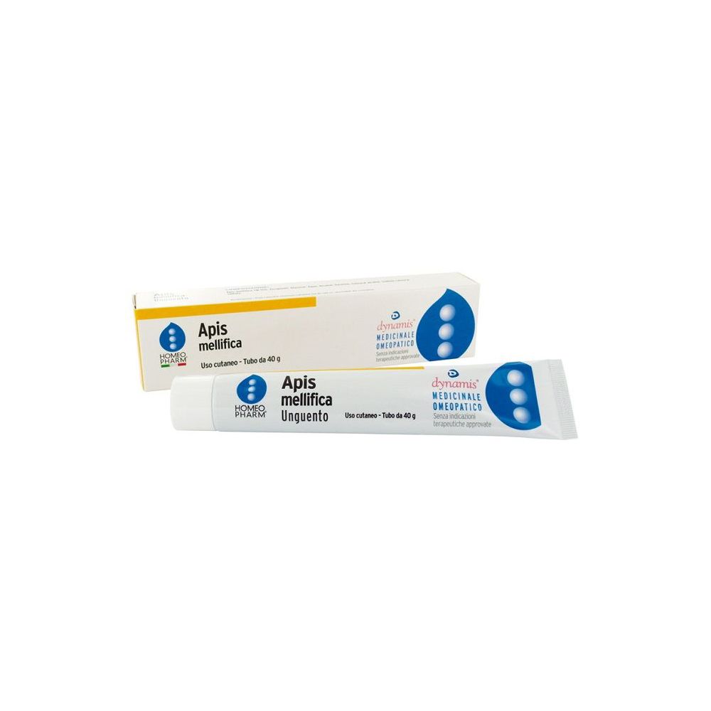 Tubo e scatola di crema. Scritto: Apis mellifica Unguento. Marchio: Cemon Homeopharm.