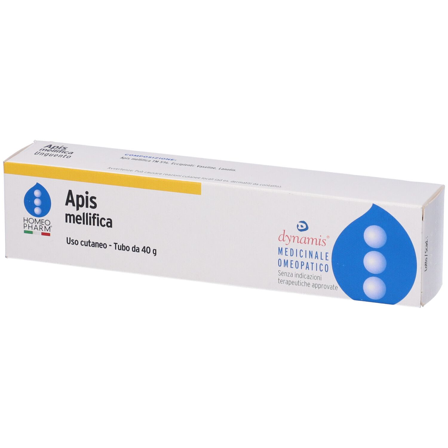 Scatola bianca con grafica blu. Scritto: Apis mellifica, Uso cutaneo. Marchio: Cemon Homeopharm.
