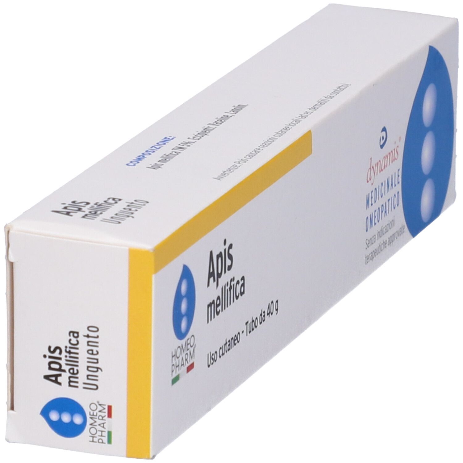 Scatola angolata. Scritto: Apis mellifica Unguento. Marchio: Cemon Homeopharm.