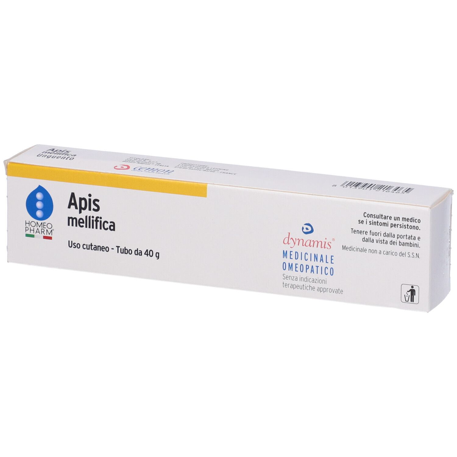 Scatola bianca. Scritto: Apis mellifica, Uso cutaneo. Marchio: Cemon Homeopharm.