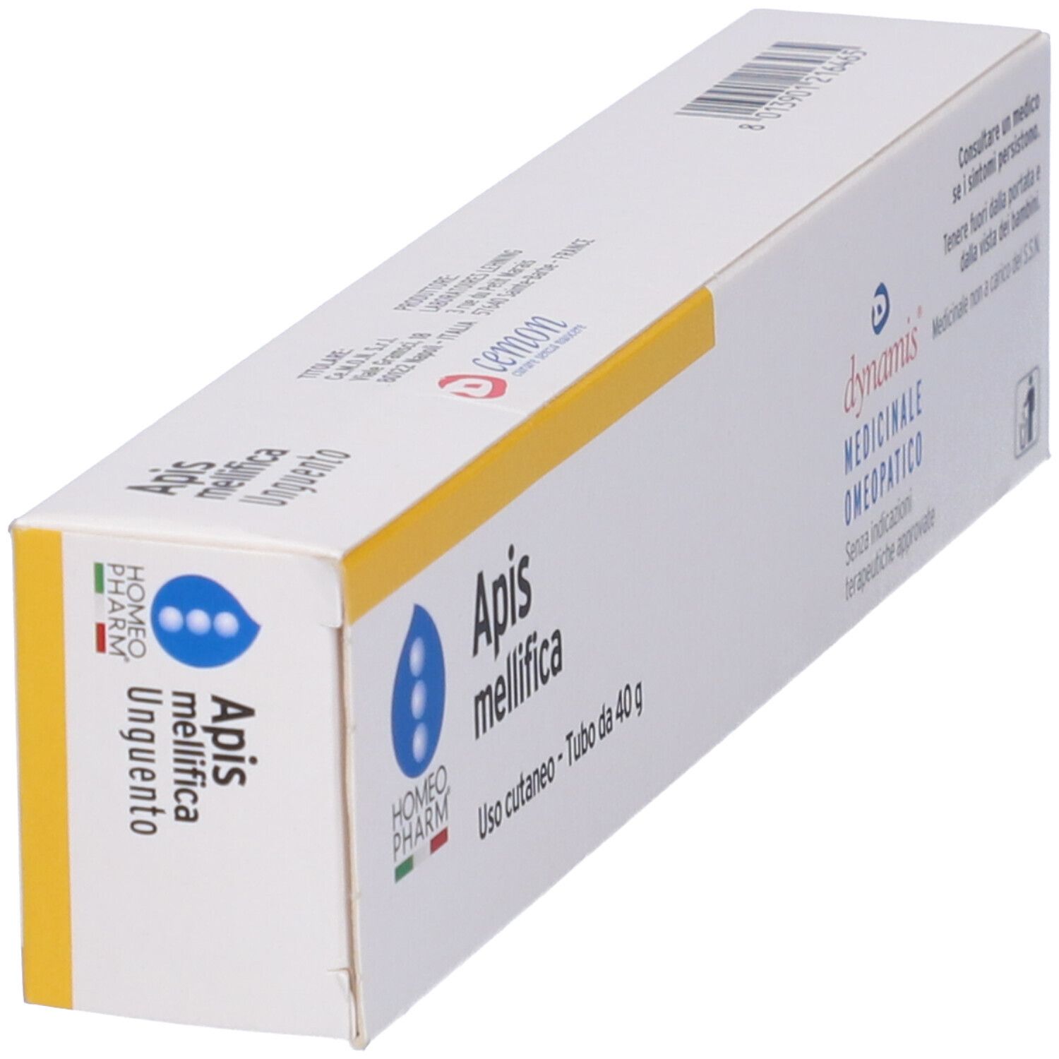 Scatola angolata. Scritto: Apis mellifica Unguento. Marchio: Cemon Homeopharm.