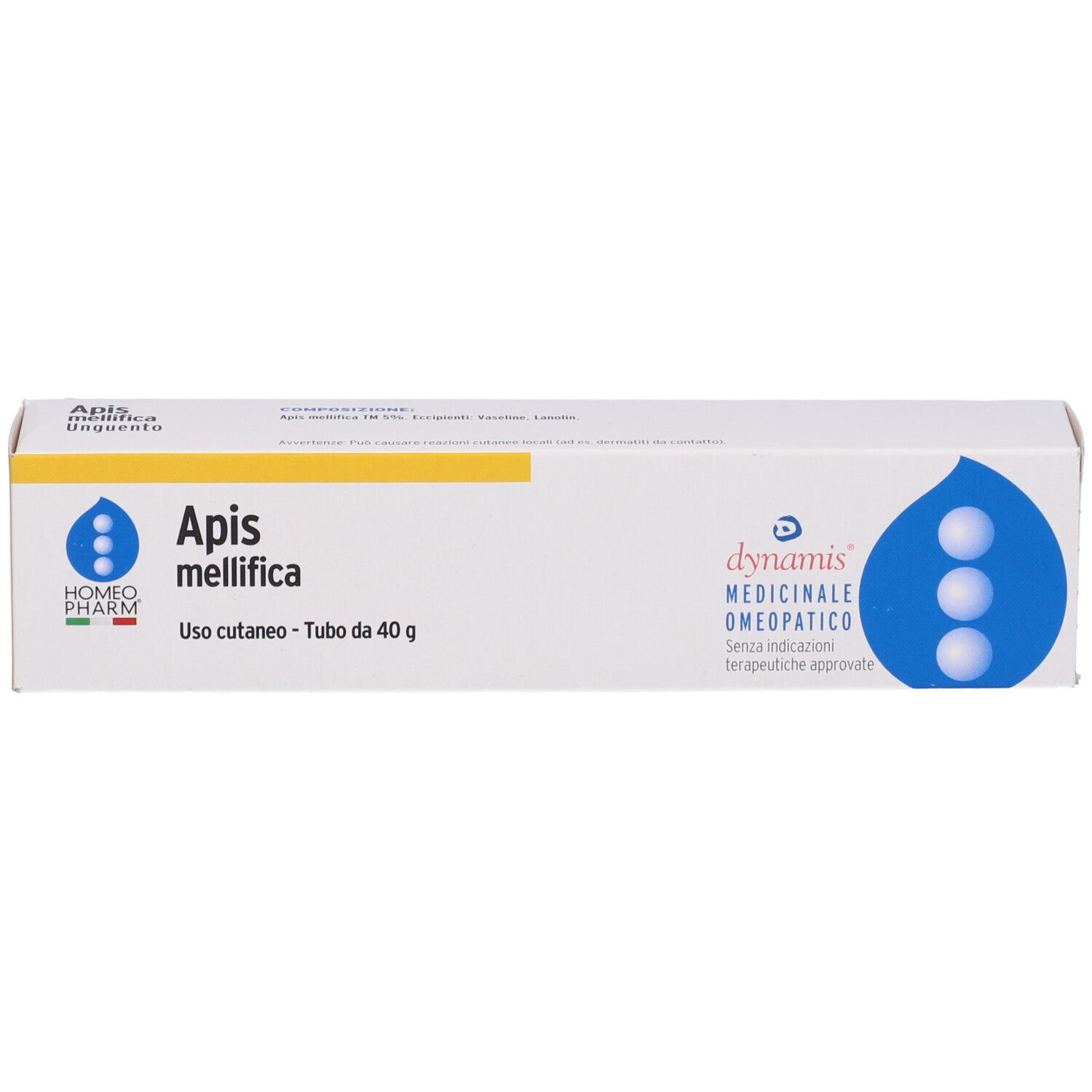 Scatola bianca. Scritto: Apis mellifica, Uso cutaneo. Marchio: Cemon Homeopharm.