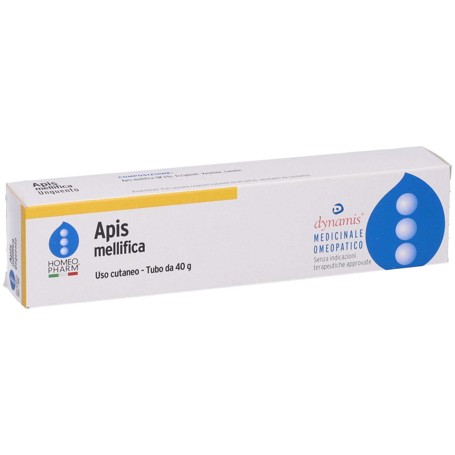 Scatola bianca. Scritto: Apis mellifica, Uso cutaneo. Marchio: Cemon Homeopharm.