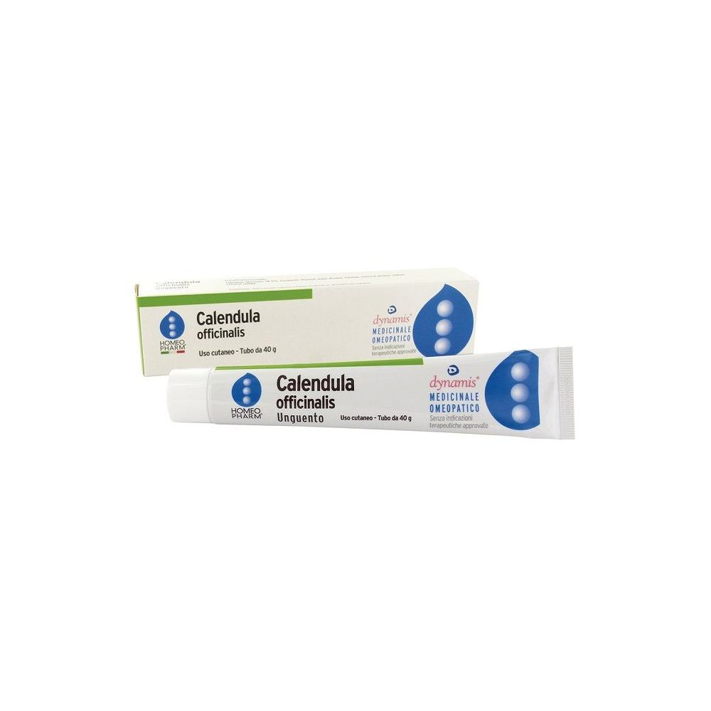Tubo e scatola di crema Calendula officinalis. Marchio Homeopharm, dynamis. Tubo da 40g.