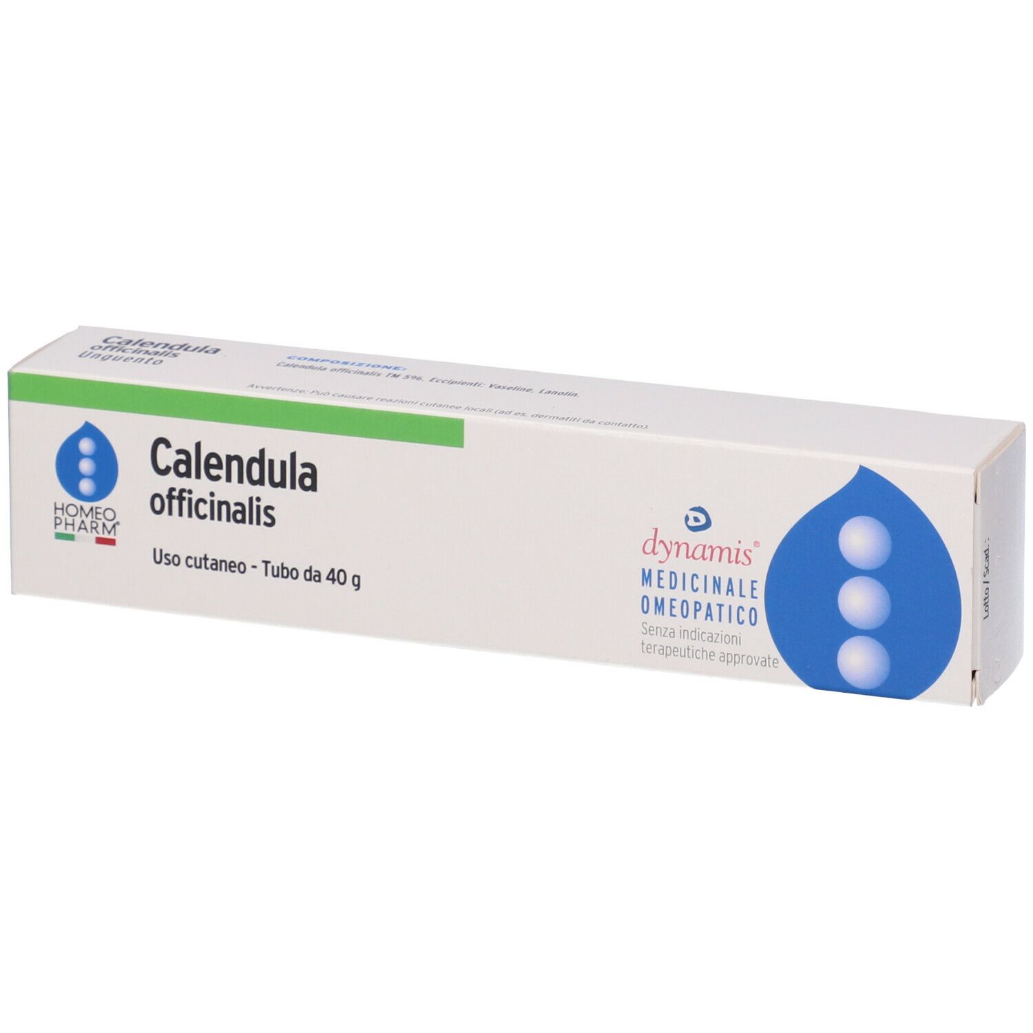 Scatola Calendula officinalis. Marchio Homeopharm, dynamis. Uso cutaneo - Tubo da 40 g.