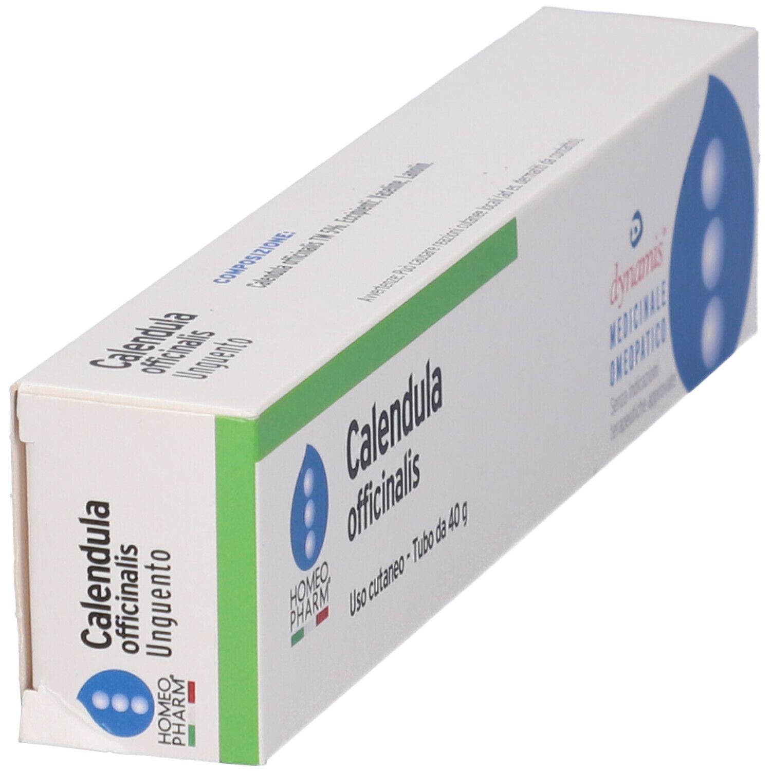Scatola Calendula officinalis. Marchio Homeopharm, dynamis. Uso cutaneo - Tubo da 40 g.