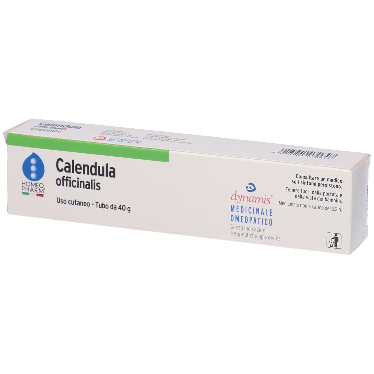 Scatola Calendula officinalis. Marchio Homeopharm, dynamis. Uso cutaneo - Tubo da 40 g.