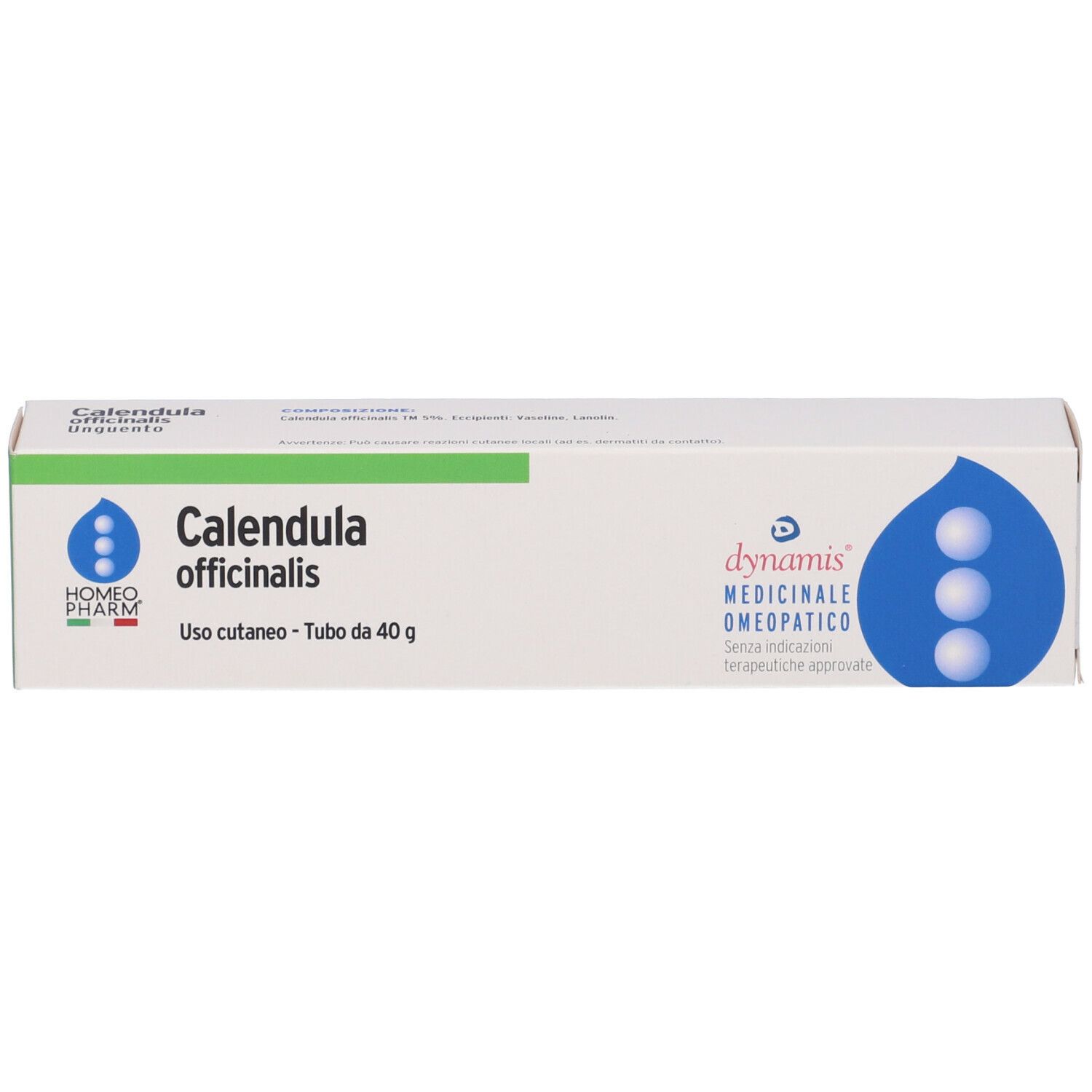 Scatola Calendula officinalis. Marchio Homeopharm, dynamis. Uso cutaneo - Tubo da 40 g.