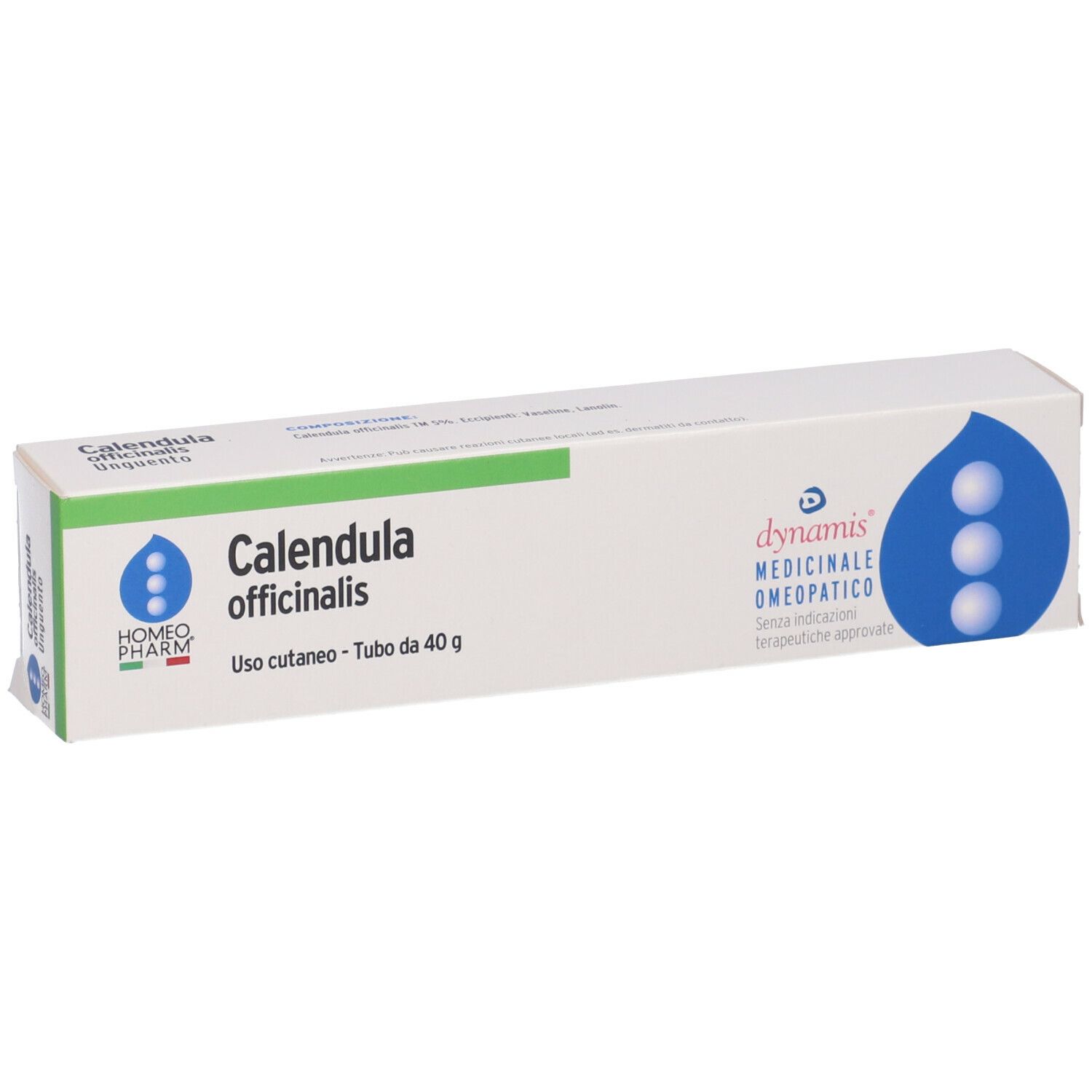 Scatola Calendula officinalis. Marchio Homeopharm, dynamis. Uso cutaneo - Tubo da 40 g.