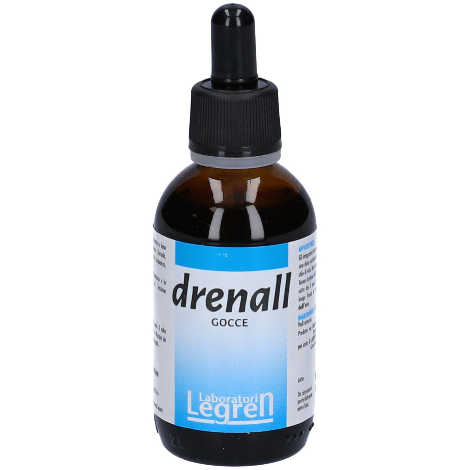 Flacone di vetro marrone con contagocce nero. Scritta: drenall gocce. Laboratori Legren. Etichetta con area blu.