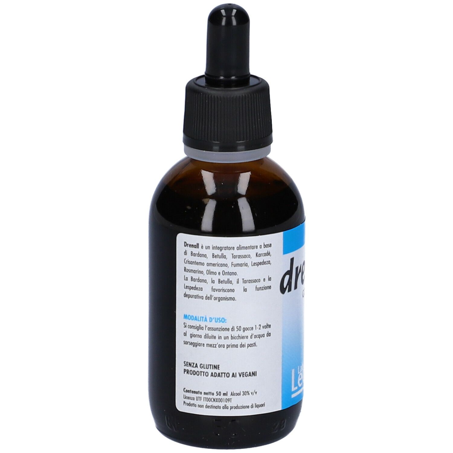 Flacone di vetro marrone con contagocce nero. Scritta: drenall gocce. Laboratori Legren. Etichetta con area blu e testo.