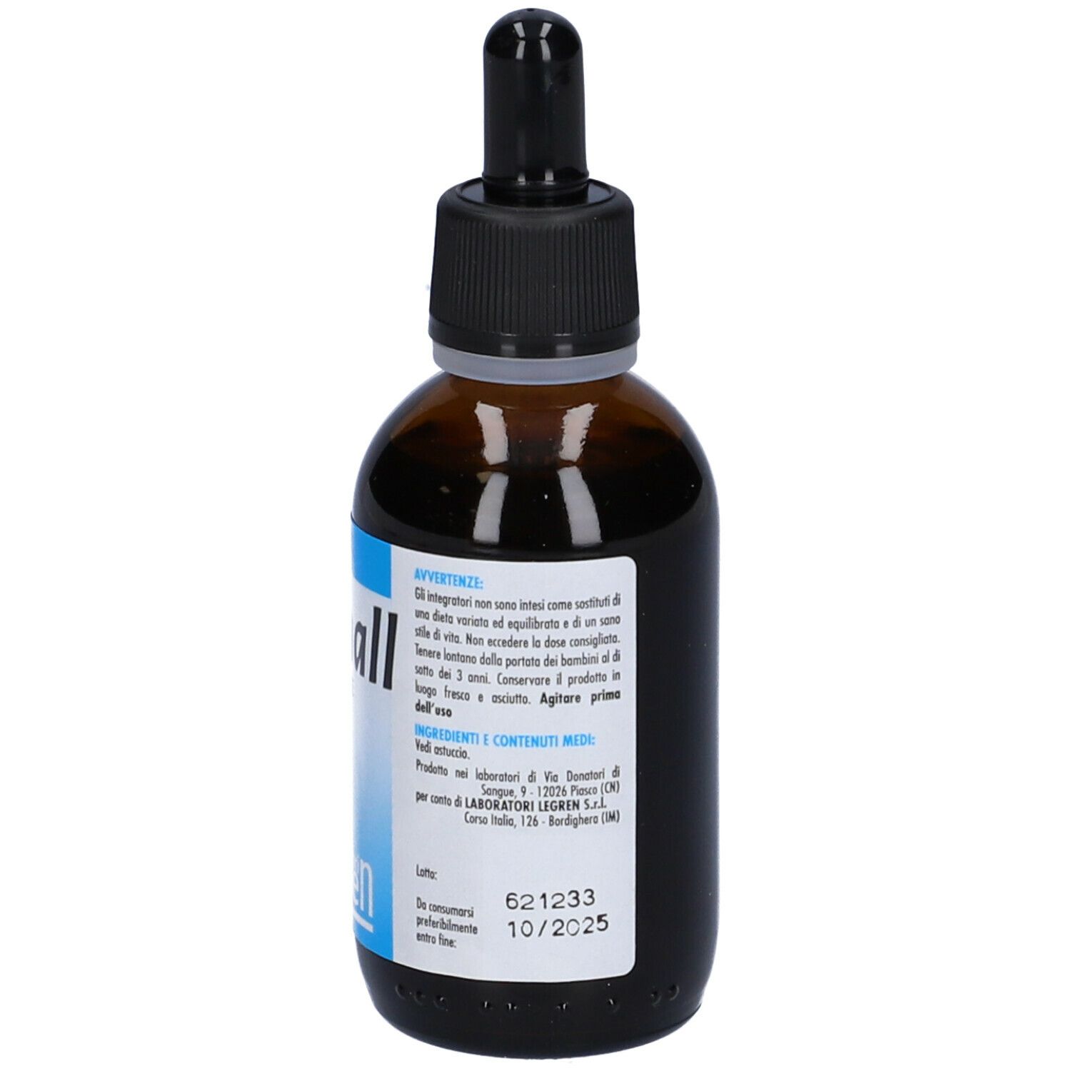 Flacone di vetro marrone con contagocce nero. Scritta: drenall gocce. Laboratori Legren. Etichetta con area blu e testo.