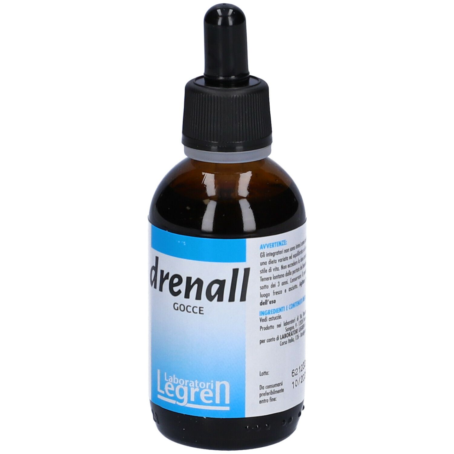 Flacone di vetro marrone con contagocce nero. Scritta: drenall gocce. Laboratori Legren. Etichetta con area blu e testo.