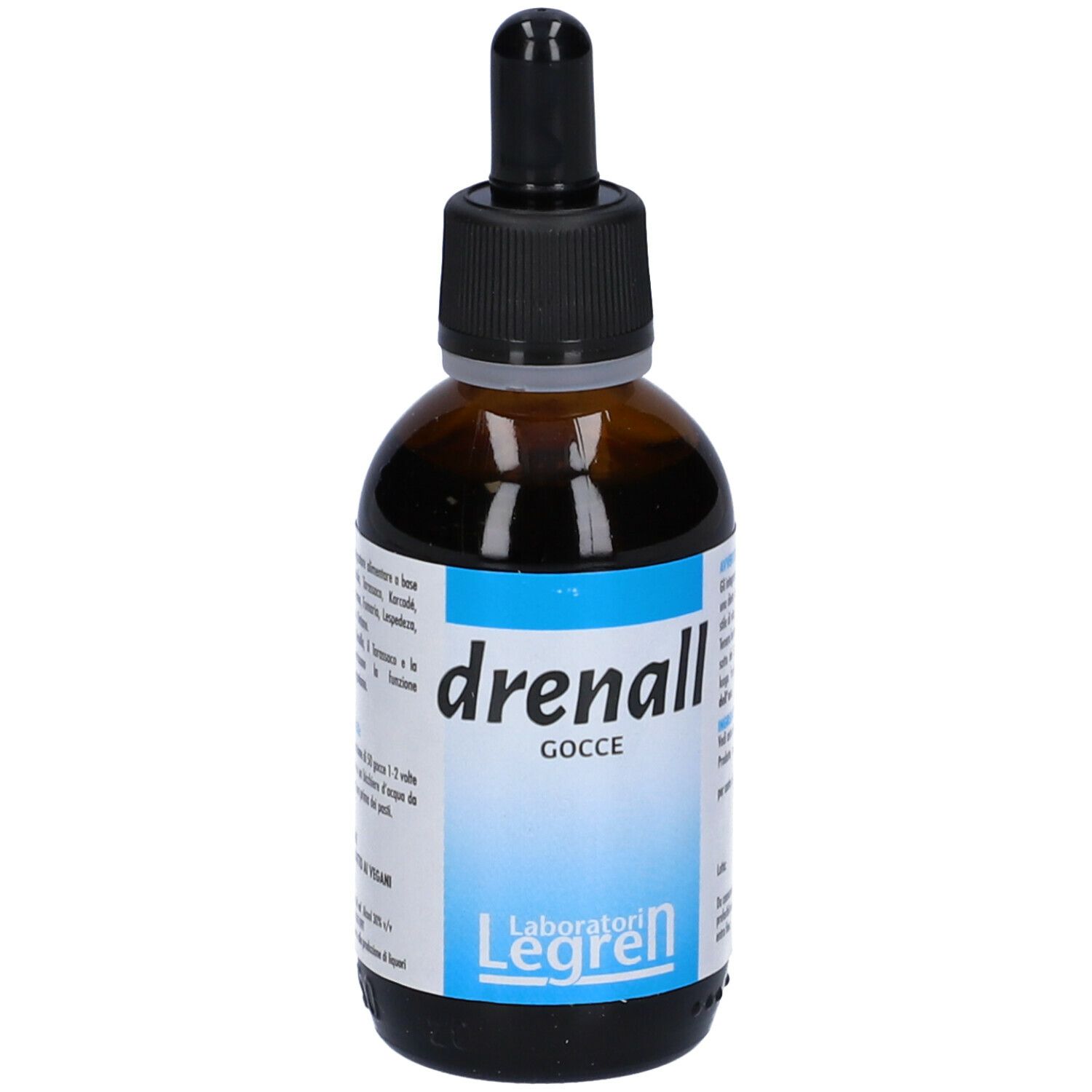Flacone di vetro marrone con contagocce nero. Scritta: drenall gocce. Laboratori Legren. Etichetta con area blu e testo.