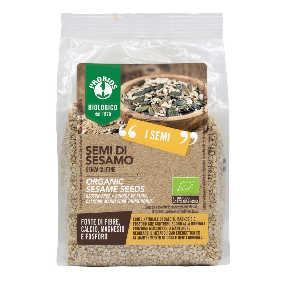 Confezione di semi di sesamo. Scritta: Semi di Sesamo, senza glutine. Marchio biologico. Testo su fibre, calcio, magnesio e fosforo.