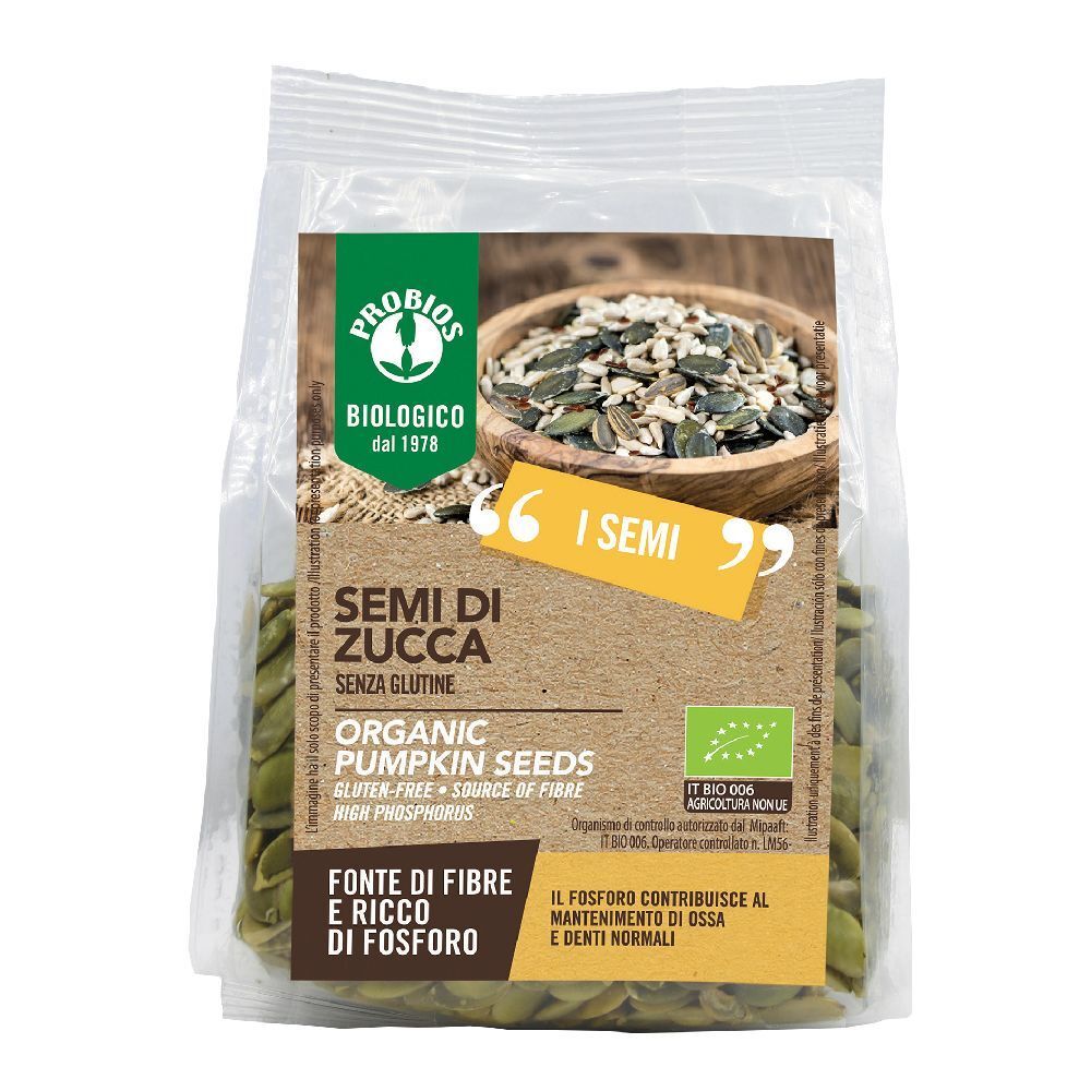 Confezione di semi di zucca. Scritte: SEMI DI ZUCCA, ORGANIC PUMPKIN SEEDS, senza glutine, fonte di fibre e fosforo.