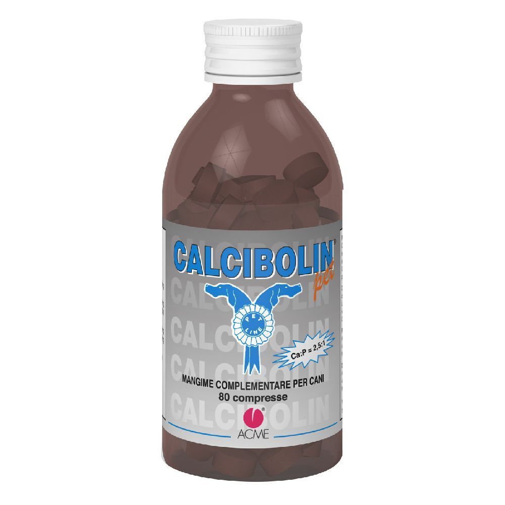 Flacone marrone con compresse. Scritta: Calcibolin per, 80 compresse. Marchio ACME.